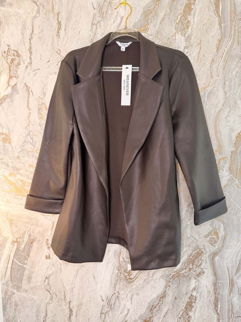 Wearever New York Brown Faux Leather Blazer Jacket with 3/4 Sleeves